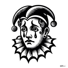 a black and white drawing of a clown's face with balls on his head