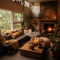 a living room filled with furniture and a fire place in the middle of the room