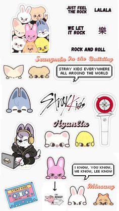 stickers with different types of animals and words on them, including the word rock and roll