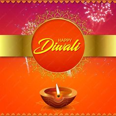 happy diwali greeting card with a lit candle on an orange and pink background