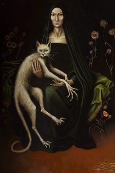 a painting of a woman holding a rat