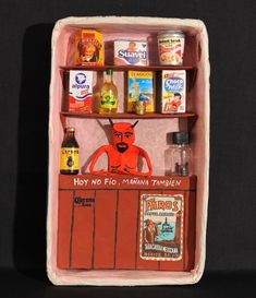 an image of a shelf filled with food and condiments on top of it