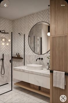 a bathroom with marble and wood accents