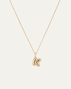 The Bubble Monogram Necklace is a 14K gold pendant that glides along a 14K gold, diamond cut cable chain. Wear your initial around your neck and add personalization to your stack. Chain Stack, Bubble Letter Necklace, K Necklace, Gold Bubbles, Bubble Letter, Ring Making, Gold Ear Cuff, Bubble Letters, Initial Necklace Gold