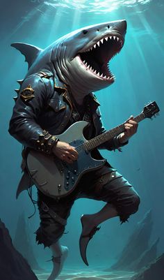 a man with a guitar in his hand and a shark on the other side of him