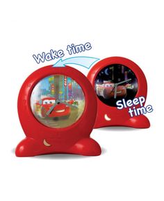 a red alarm clock with cars on it and the words wake time sleep time below