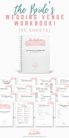 the bride's wedding venue workbook is shown with pink and white lettering on it