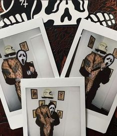 three polaroid photos of a woman in fishnet stockings and panda mask, holding a cat