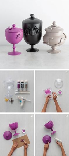 the process to make a vase with plastic cups and spoons is shown in four different stages