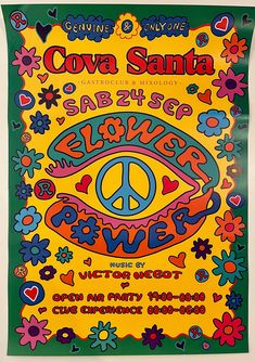 a poster with an eye and peace sign on the front, as well as flowers