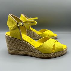 Size: 8 B Condition: New Without Tag/Box Flaws: Little Scratches On Insole - Look Pictures For Details Yellow Espadrilles With Woven Sole For Beach, Yellow Espadrilles With Woven Sole, Yellow Slip-on Espadrilles For Beach, Yellow Textured Footbed Slip-on Sandals, Orange Slip-on Wedge Sandals For Beach, Stuart Weitzman Shoes, Espadrille Shoes, Espadrilles Wedges, Yellow Color