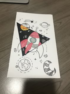 a drawing of a rocket ship in space with planets and stars on the back side