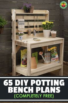 a potting bench made out of pallet wood with plants on the top shelf