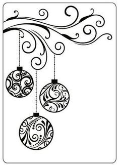 three ornaments hanging from a tree branch with swirly designs on it's sides