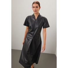 Black faux leather (100% Polyurethane) Midi dress. V-Neckline. Short Sleeves. Back zipper closure. 40" shoulder to hemline. Imported. Leather Midi Dress, Rent The Runway, Closet Designs, White Label, Proenza Schouler, Knee Length Dress, Black Faux Leather, Knee Length, Faux Leather