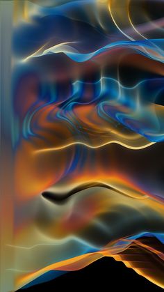 an abstract painting with blue, orange and yellow waves in the background on a black backdrop