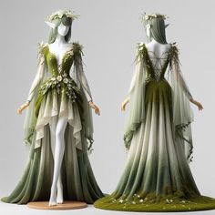 Elf Dress Aesthetic, Dnd Wedding Dress, Fantasy Gowns Art, Fantasy Dress Ideas, Elven Dress Gowns, Elf Gown, Fairy Queen Dress, Fantasy Dress Art, Fantasy Dress Design