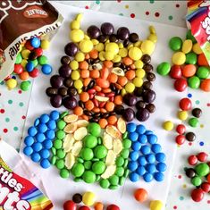 a table topped with candy and candies on top of a sheet of white paper