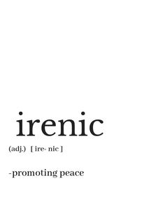 the word irenic is written in black and white