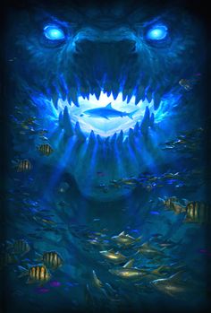 an underwater scene with many fish in the water and lights shining down on it's face