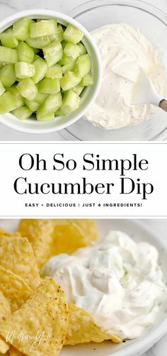 a bowl of cucumber dip and some chips