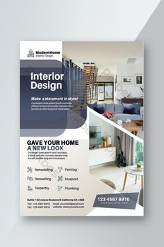 a brochure for interior design is displayed on a white background with blue accents