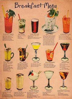 an old poster shows different types of cocktails and drinks in various glasses with names on them