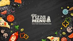 pizza menu with different toppings and ingredients on black background - food objects / objects illustrations