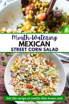 mexican street corn salad in a white bowl with text overlay that reads mouth watering mexican street corn salad