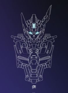 a stylized image of a robot with glowing eyes on it's head, against a dark background