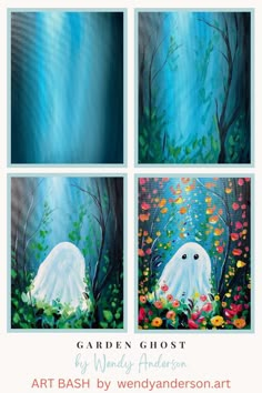 three paintings of ghost in the woods