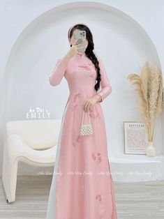 🌻 Stretchy level: 2/10 🌻Material: Lụa vân gỗ 🌻 The measurement of this ao dai (long dress) is in Vietnamese size (American size tends to be bigger for the same size). Please LOOK AT THE SIZE CHART CAREFULLY BEFORE ORDERING. There might have some chalk writings on the fabric due to making process. These marks can be washed away easily. 🌻No returns or exchanges Buyer can contact seller about any issues with an order. 💜 Thank you very much!💜 Elegant Long Sleeve Pink Cheongsam, Pink Cheongsam For Spring Party, Pink Spring Party Cheongsam, Pink Summer Wedding Cheongsam, Summer Wedding Pink Cheongsam, Fitted Pink Ao Dai For Spring, Pink Maxi Set For Spring, Pink Long Ao Dai For Wedding, Pink Fitted Long Ao Dai