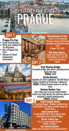 the tour poster for prague with pictures of buildings and other things to see on it