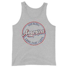 Gear up for summer holidays with our vintage style God Bless America unisex tank -- great for men or women! Graphic is distressed for that instant vintage vibe. Looking for more 4th of July gear? Check these out: https://www.etsy.com/shop/TheGraphicPeach?ref=seller-platform-mcnav§ion_id=33390667 Our shop uses direct-to-garment printing to make our products. The design ink is sprayed on, then allowed to soak into the fibers of the garment. This process yields fine quality prints and a smooth fini 4th Of July Cotton Tank Top With Letter Print, Patriotic Cotton Tank Top For Memorial Day, Patriotic Cotton Tank Top, Independence Day Casual Cotton Tank Top, Memorial Day Sleeveless Cotton Top, Sleeveless Cotton Tops For Memorial Day, Cotton Tank Top For 4th Of July, Memorial Day Casual Sleeveless Tank Top, Casual Sleeveless Tank Top For Memorial Day