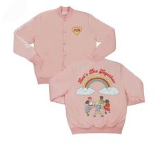 two children's pink jackets with rainbows and clouds on the front, one has a