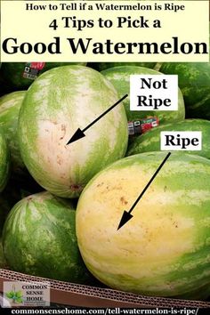 some watermelons are in a box with the words, how to tell if a watermelon is ripe and 4 tips to pick a good watermelon