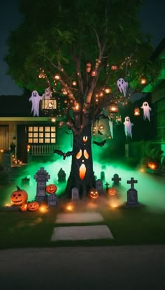 an outdoor halloween scene with pumpkins, ghost heads and lights on the tree in front of a house