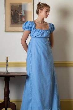 Light Blue Short Sleeve | Regency Gown - Samson Historical Regency Era Dress, Regency Gown, 19th Century Style, Light Blue Shorts, Regency Era, Jane Austen, Modern Fashion, Blue Shorts, Night Gown