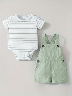 Baby Boy Striped Short Sleeve Jumpsuit And Pants 2Pcs Set, Summer Green     Geometric  Slight Stretch  Baby Boys Clothing, size features are:Bust: ,Length: ,Sleeve Length: Toddler Boy Style Summer, Summer Baby Boy Outfits Newborn, Newborn Summer Outfits Boy, Newborn Baby Boy Clothes Summer, Cute Baby Clothes For Boys, Boho Baby Boy Clothes, Baby Outfits Boy, Baby Boy Summer Outfits, Baby Boy Summer Clothes