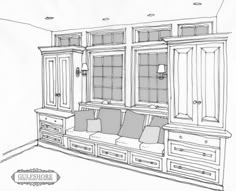 a drawing of a living room with couches, cabinets and cupboards in it