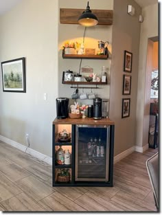 a coffee bar with shelves on the wall