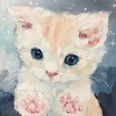 a painting of a white kitten with blue eyes