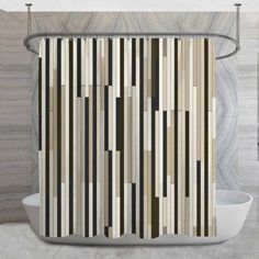 the shower curtain is made out of wood strips