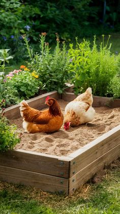 two chickens are laying in the sand near some plants and flowers, while another chicken is lying on the ground