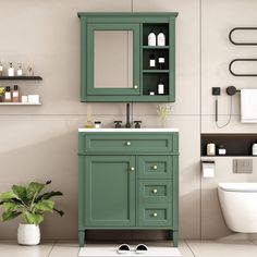 a bathroom with a toilet, sink and green cabinet