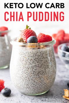 a bowl of chia pudding with berries and blueberries