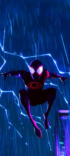 spider - man into the spider - verse is flying through the air with his arms outstretched