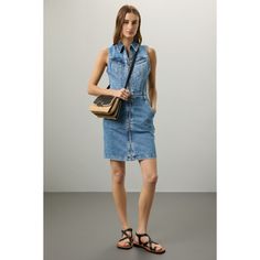 Blue denim (99% Cotton, 1% Elastane). Casual dress. Sleeveless. Collared neckline. Front zipper closure. 34" from shoulder to hemline. Imported. Sleeveless Denim Dress, Rent The Runway, Closet Designs, Cinched Waist, Dress Sleeveless, Denim Dress, Front Zipper, Blue Denim, Casual Dress