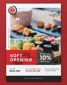 a red and white flyer with sushi on it