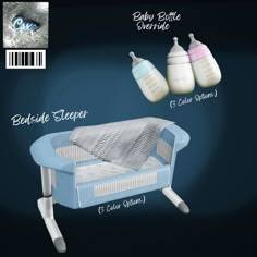 the baby's bed has three bottles on it and is labeled with their names